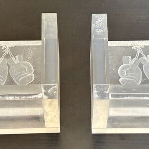 Vintage Clear Acrylic Bookends Hand carved with a Boxing Gloves Motif